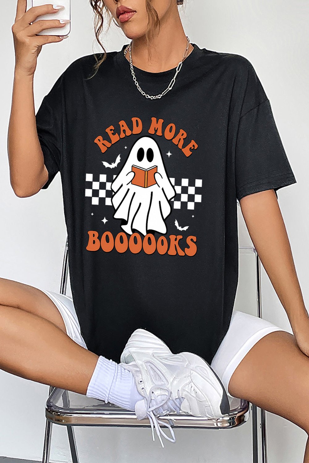 Women Read More Books Round Neck Short Sleeve Ghost Graphic T-Shirt NicholesGifts