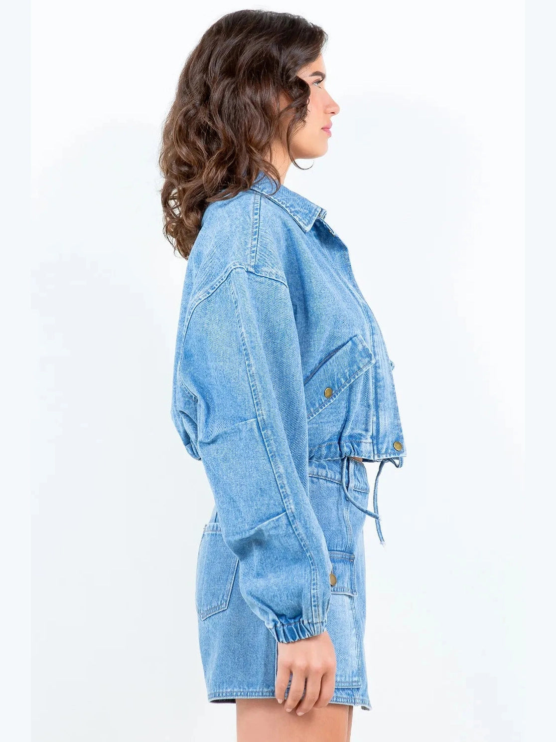 American Bazi Drawstring Waist Crop Denim Jacket