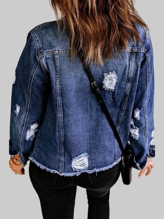 Mixed Print Distressed Button Front Denim Jacket nicholesgifts