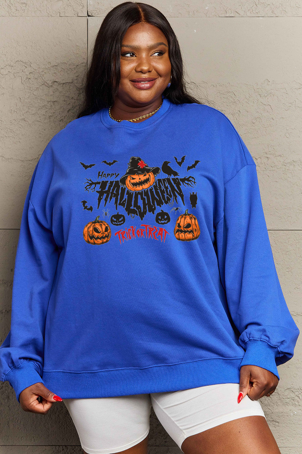 Women Simply Love Full Size Happy Halloween Trick or Treat Graphic Sweatshirt NicholesGifts