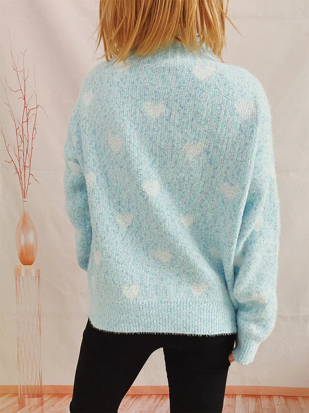 Heart Heathered Turtleneck Drop Shoulder Sweater Trendsi