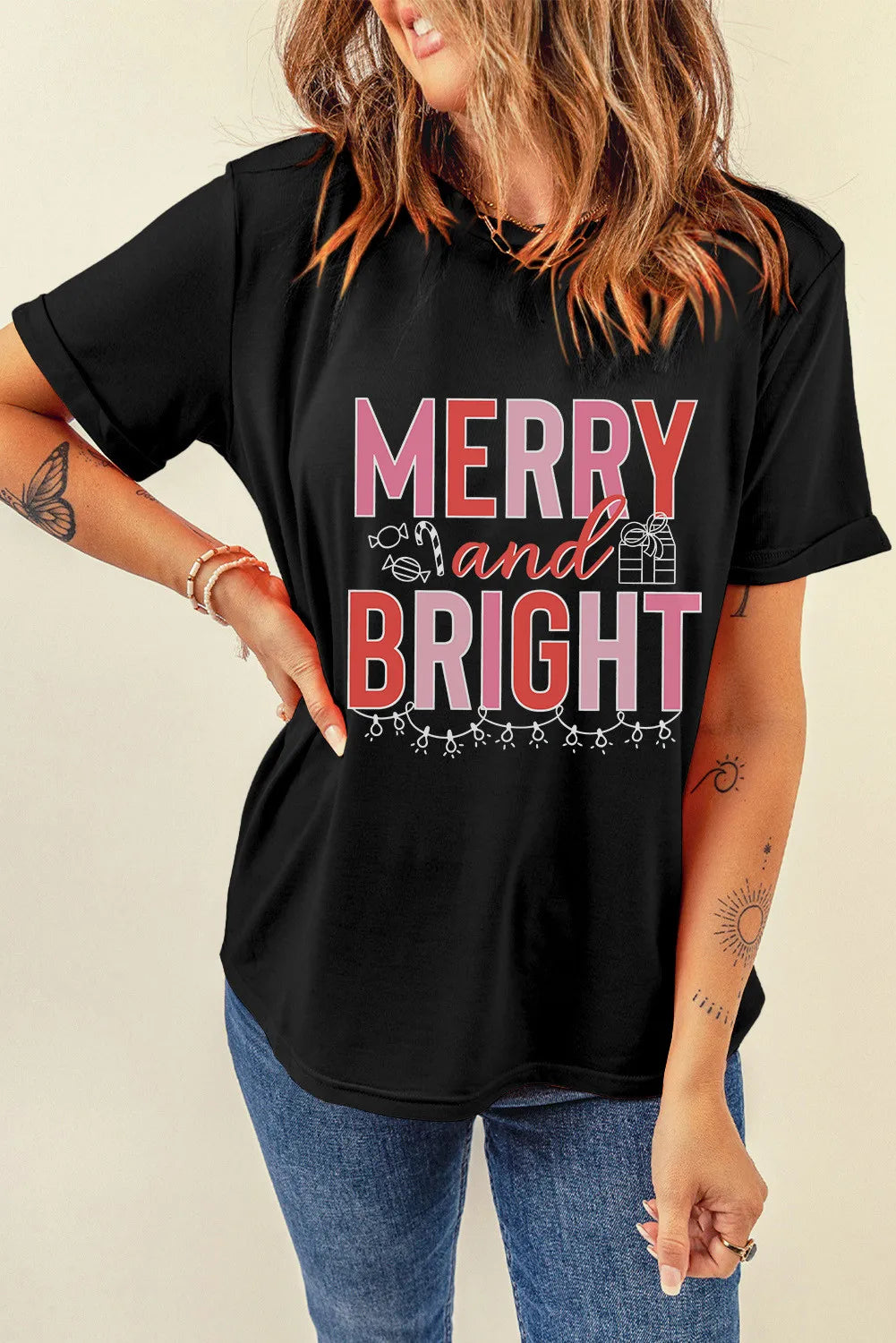 MERRY AND BRIGHT Round Neck Short Sleeve T-Shirt NicholesGifts