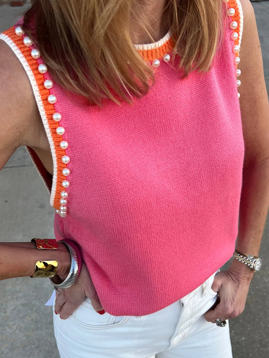Contrast Trim Pearl Detail Sweater Tank Top nicholesgifts