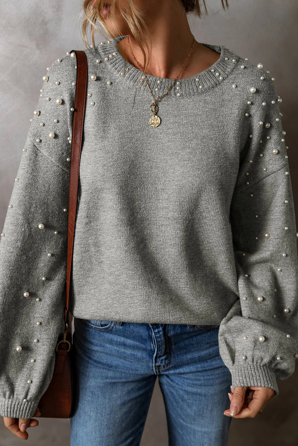 Women Pearl Detail Round Neck Long Sleeve Sweater