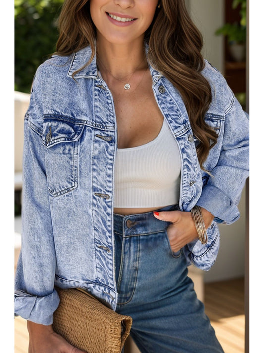 Pocketed Button Up Dropped Shoulder Denim Jacket