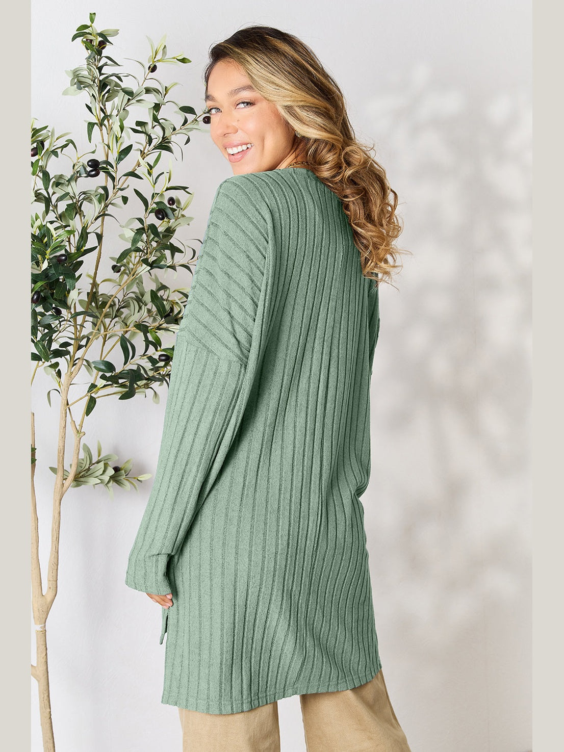 Basic Bae Full Size Ribbed Round Neck Long Sleeve Slit Top