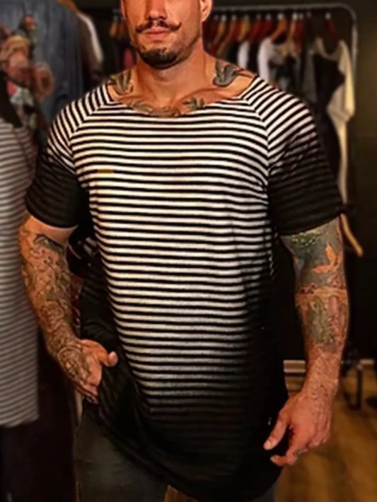 Men's Full Size Round Neck Short Sleeve Striped T-Shirt Plus Size NicholesGifts