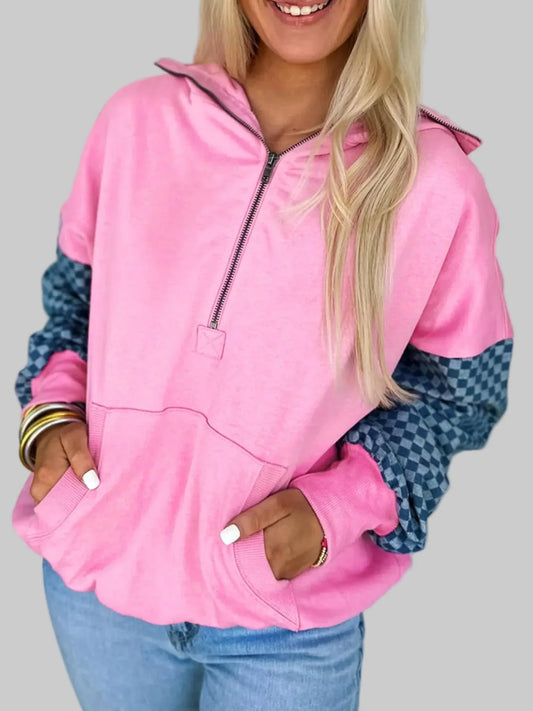 Women Half Zip Checkered Sleeve Hoodie nicholesgifts