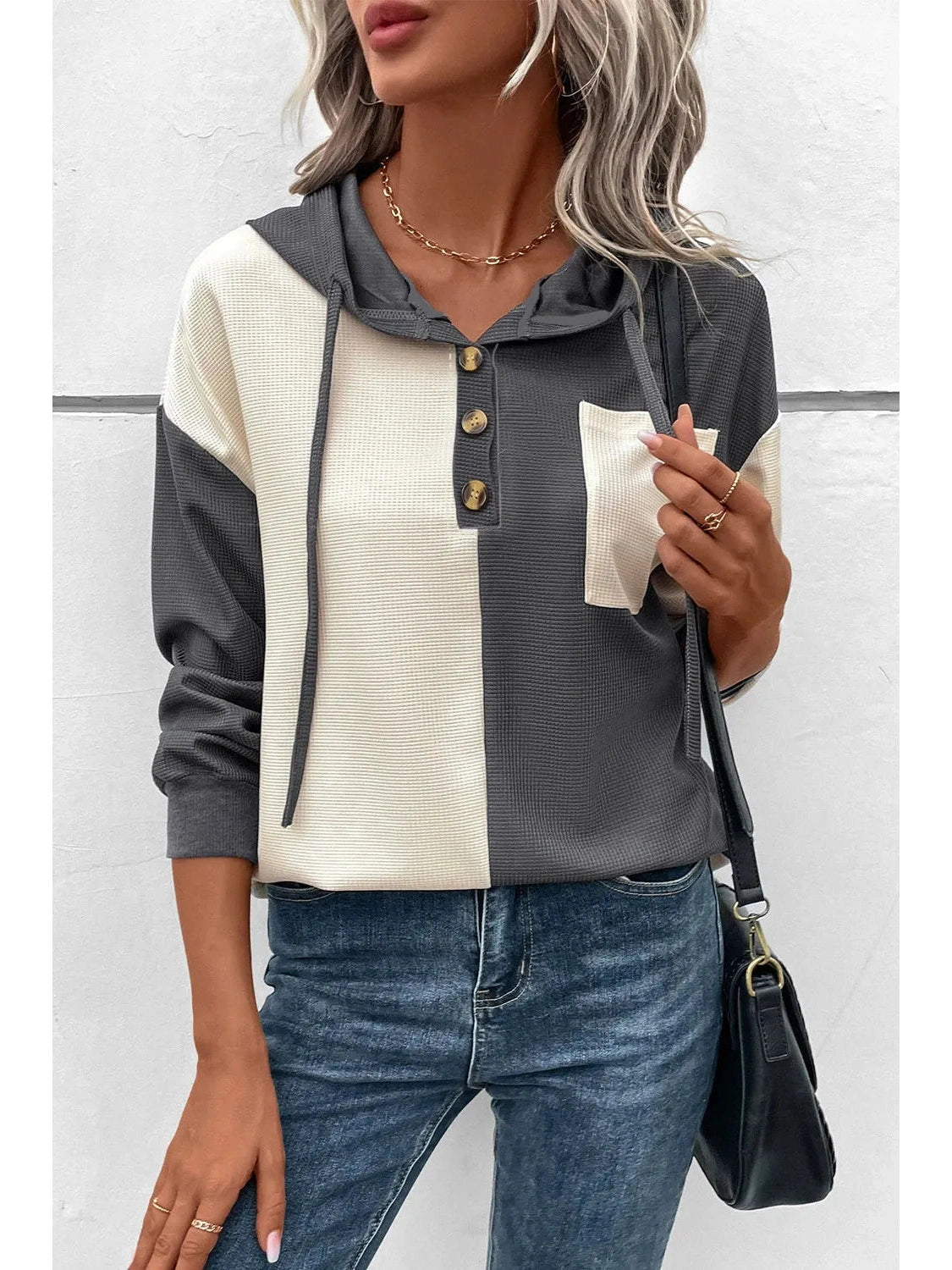 NicholesGifts Women Drawstring Quarter Button Contrast Long Sleeve Hoodie NicholesGifts