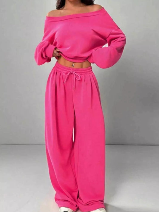 Boat Neck Long Sleeve Top and Pants Set nicholesgifts