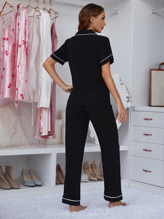 Contrast Piping Lapel Collar Short Sleeve Top and Pants Pajama Set nicholesgifts