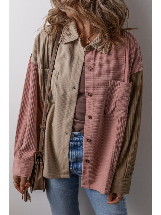 NicholesGifts Women Button Up Color Block Long Sleeve Shacket