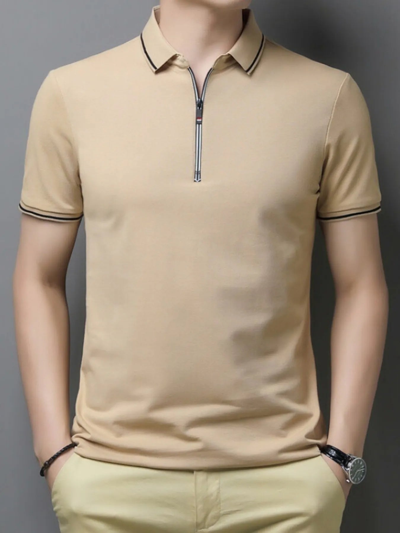 Men's Plus Size Half-Zip Contrast Trim Polo Shirt