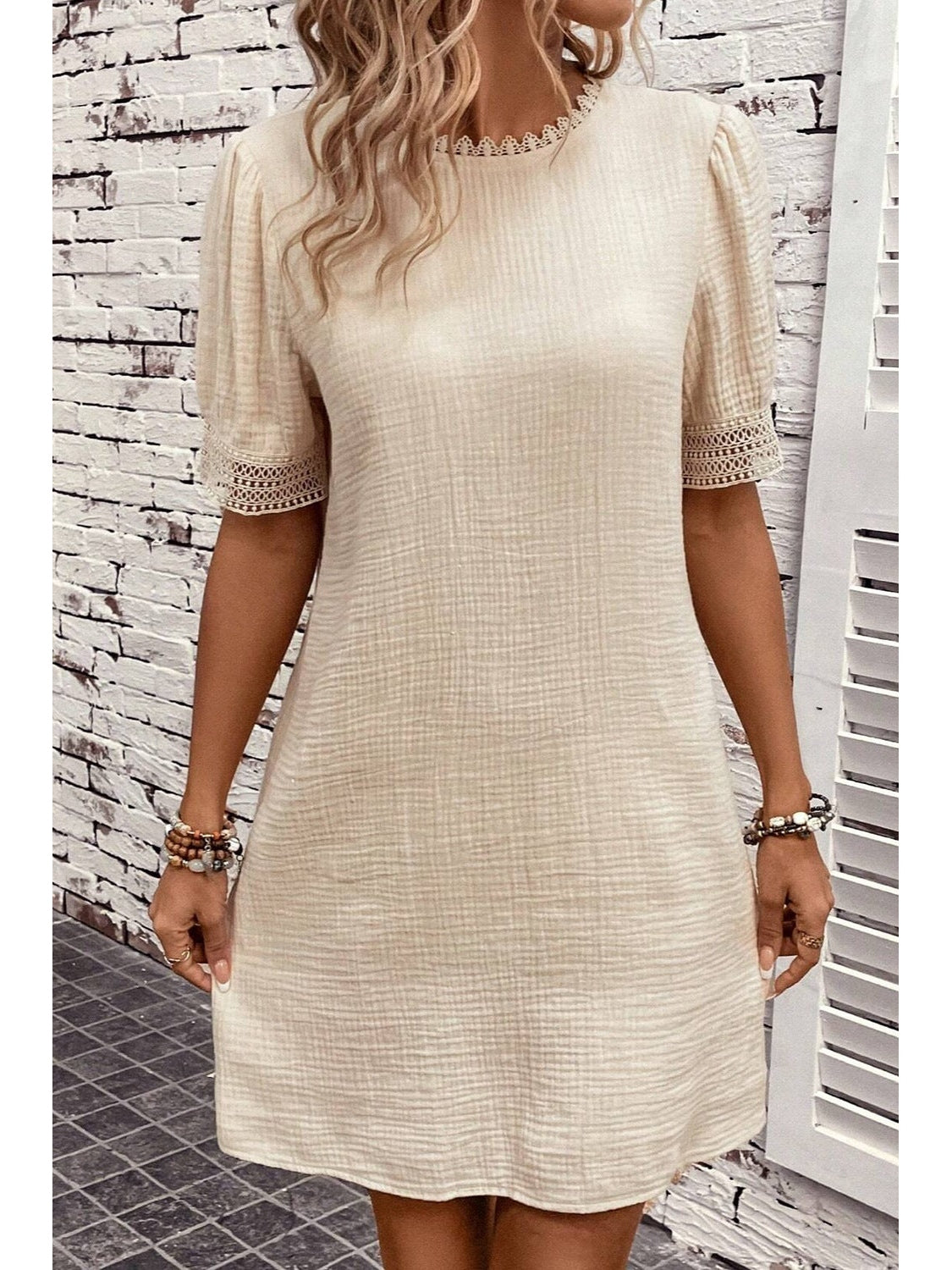 NicholesGifts Women Lace Detail Round Neck Short Sleeve Mini Dress NicholesGifts