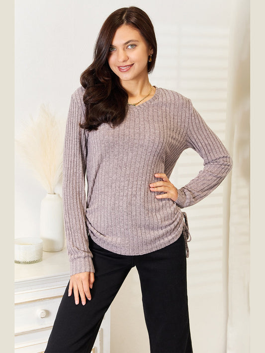 Women Double Take Drawstring Ribbed Long Sleeve T-Shirt