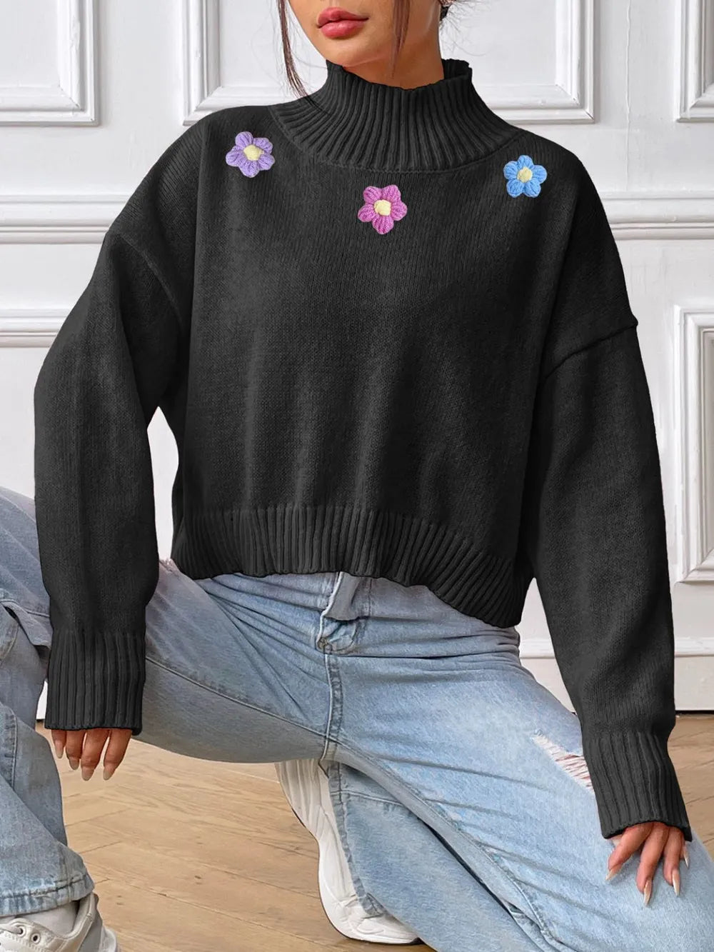Flower Turtleneck Long Sleeve Sweater NicholesGifts