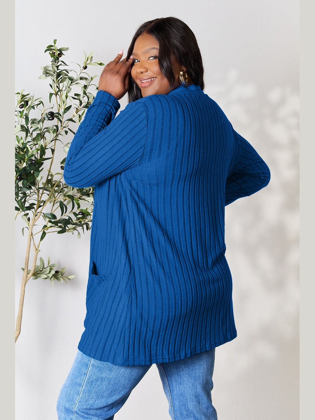 NicholesGifts Women Basic Bae Full Size Ribbed Open Front Cardigan with Pockets NicholesGifts
