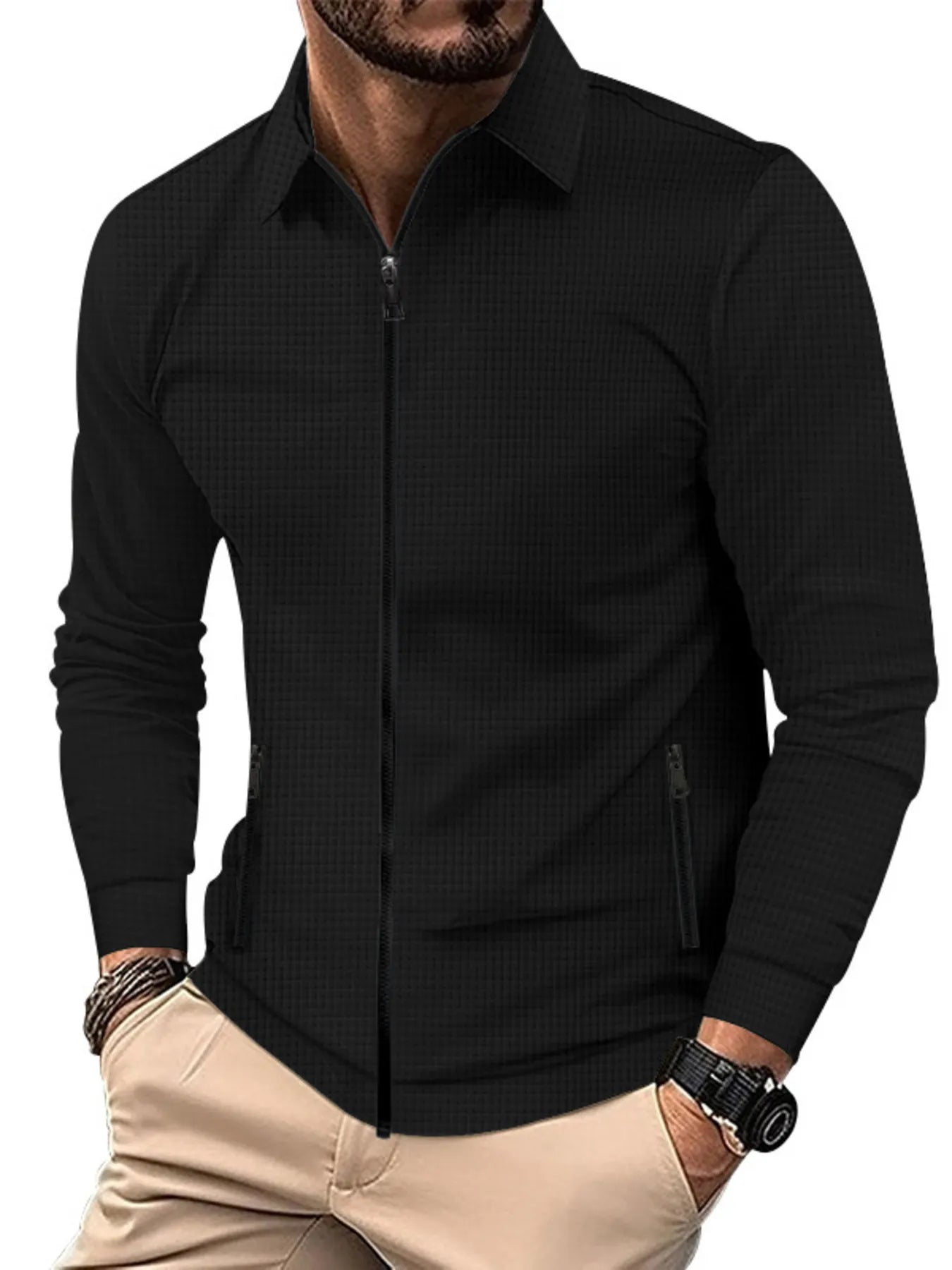 Men's Full Size Waffle Knit Zip Up Jacket Plus Size Trendsi