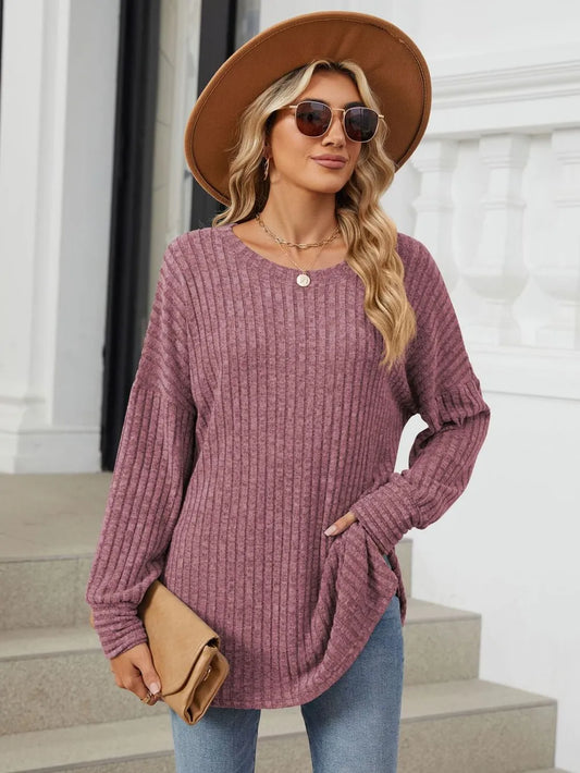 Ribbed Round Neck Long Sleeve T-Shirt NicholesGifts