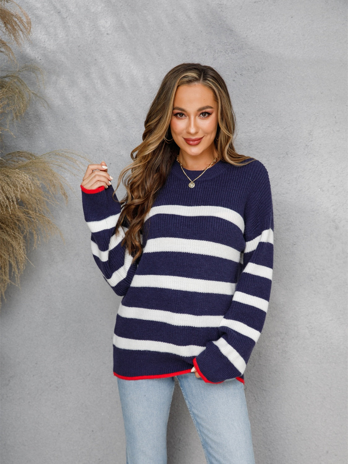 Angel Wings Striped Round Neck Dropped Shoulder Sweater Trendsi