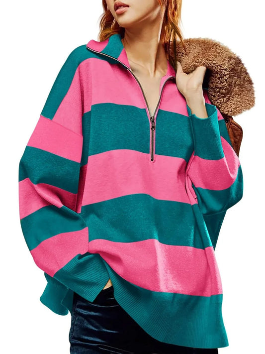 Striped Half-Zip Oversized Sweatshirt NicholesGifts