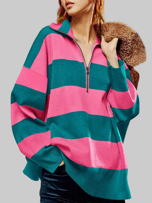 Women Striped Half-Zip Oversized Sweatshirt nicholesgifts