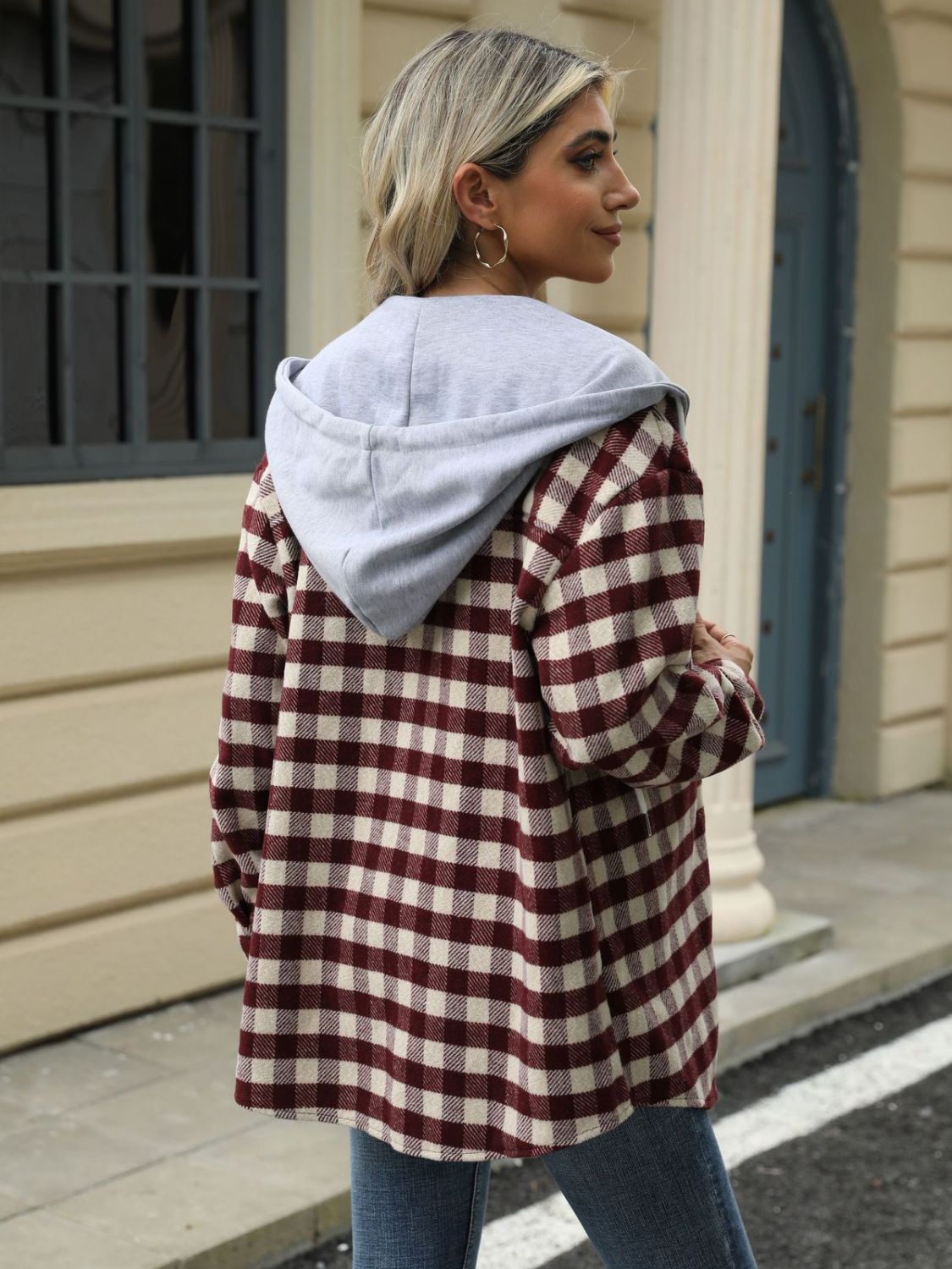 NicholesGifts Women Drawstring Plaid Long Sleeve Hooded Jacket NicholesGifts