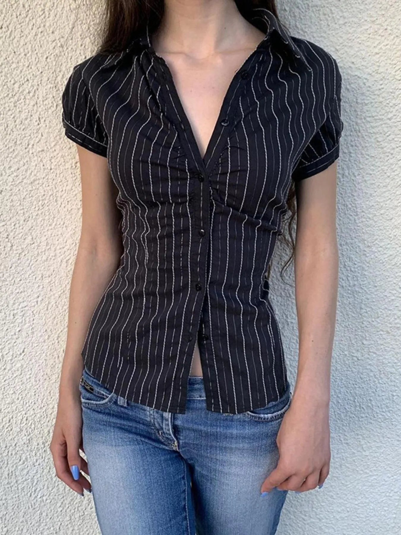 Striped Button-Down Collared Neck Shirt Trendsi