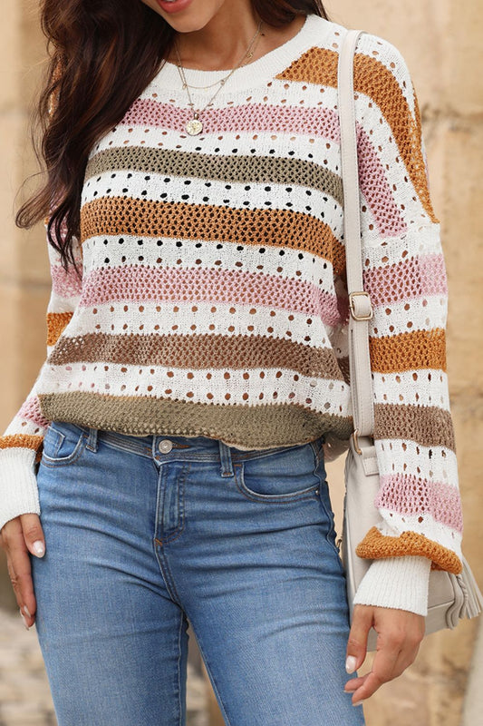 Women Striped Round Neck Hollowed Sweater