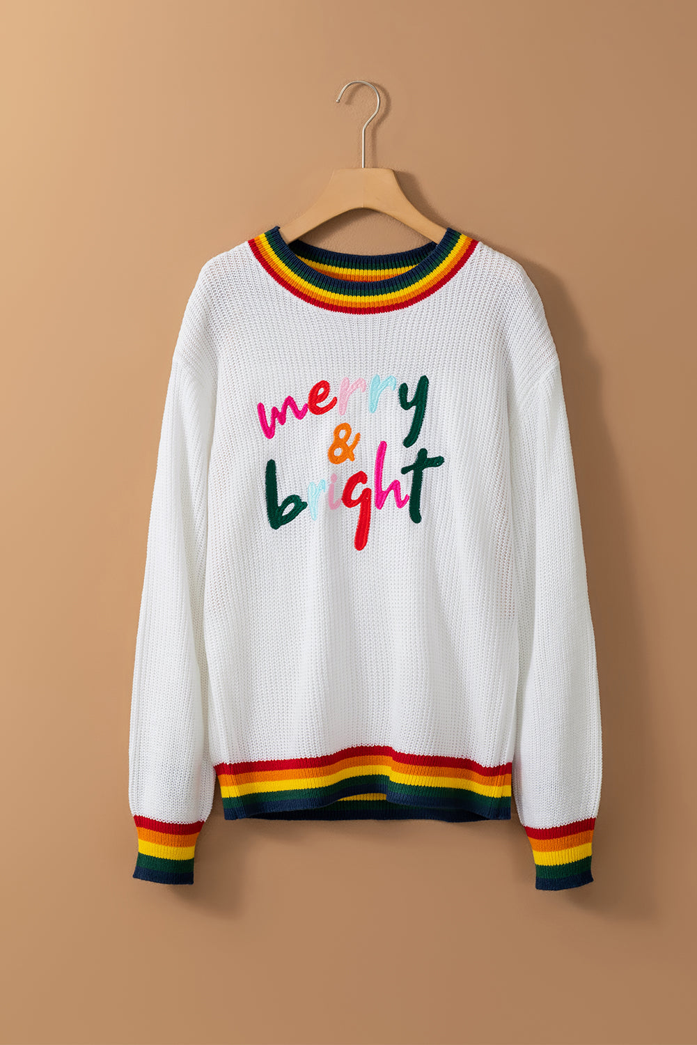 NicholesGifts Women Merry & Bright Ribbed Round Neck Christmas Sweater NicholesGifts