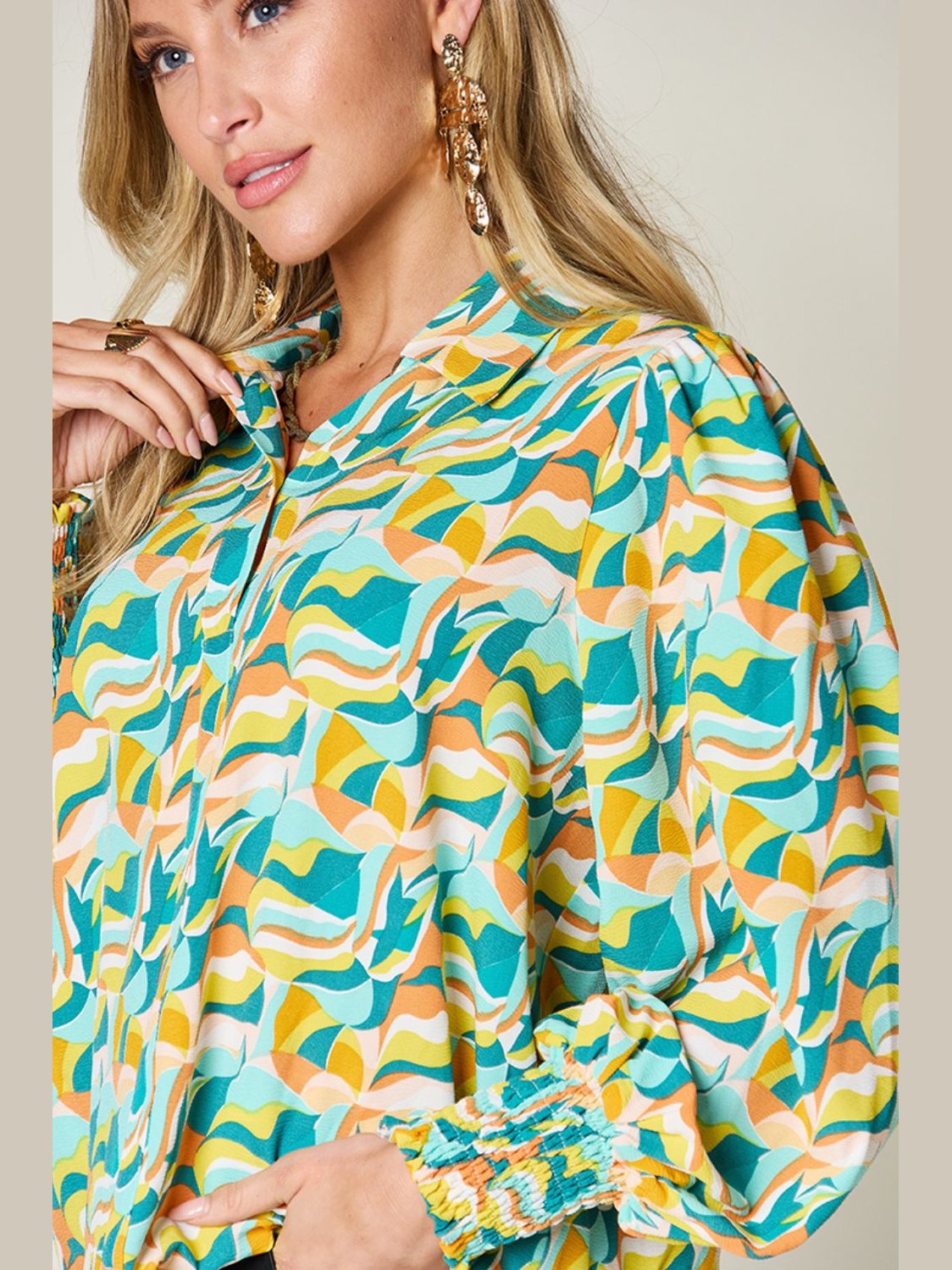 Double Take Full Size Printed Smocked Long Sleeve Blouse