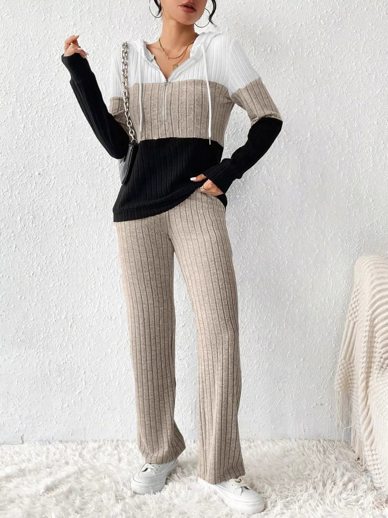 Women Color Block Half Zip Hooded Top and Pants Set NicholesGifts