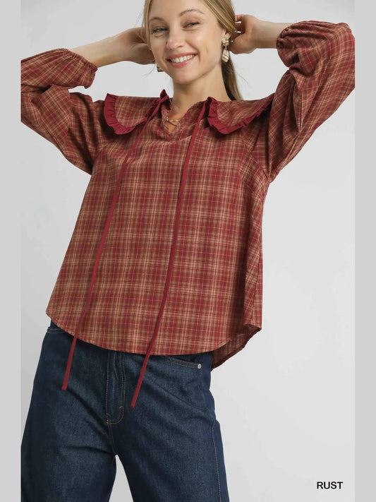 Umgee Full Size Plaid Ruffle Collar Blouse Plus Size NicholesGifts