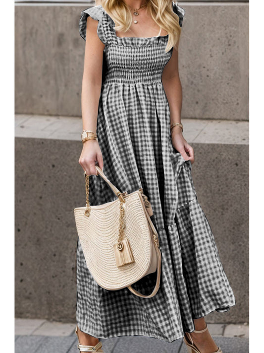 Women Full Size Smocked Ruffled Plaid Ruffle Hem Dress