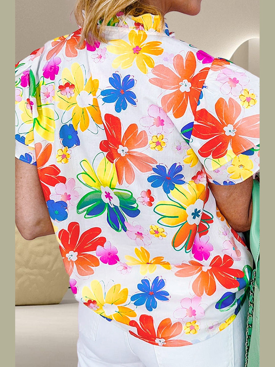 Ruffled Printed Notched Cap Sleeve Blouse NicholesGifts