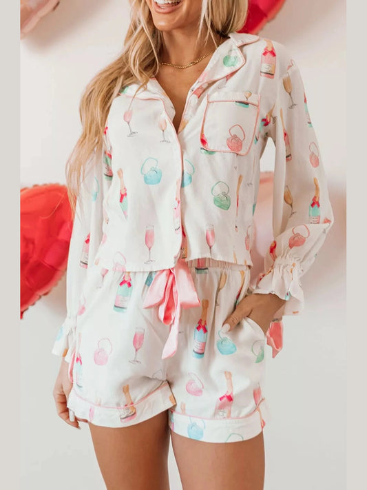 Bow Printed Collared Neck Top and Drawstring Shorts Lounge Set nicholesgifts
