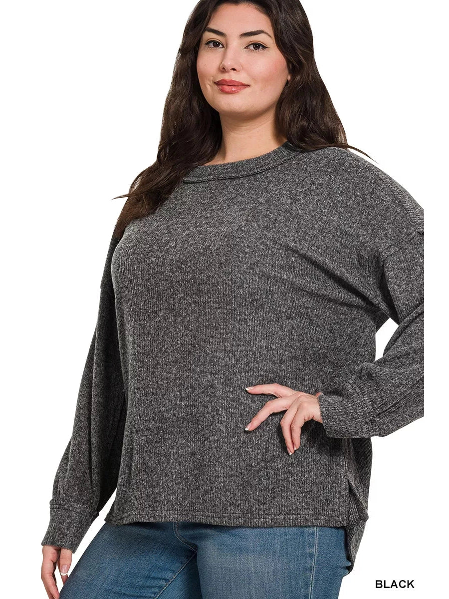 Zenana Full Size Brushed Ribbed Hacci Drop Shoulder Sweater Plus Size Trendsi