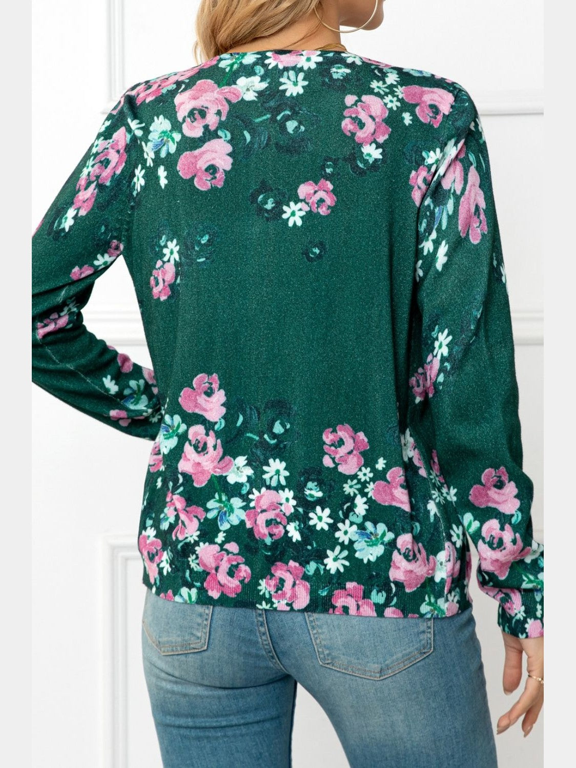 Woven Right Floral Button Front Round Neck Cardigan nicholesgifts