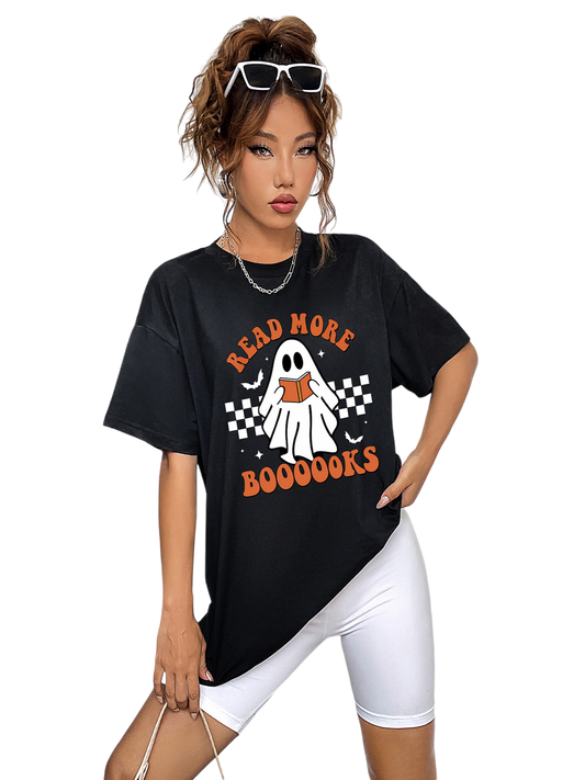 Women Read More Books Round Neck Short Sleeve Ghost Graphic T-Shirt NicholesGifts