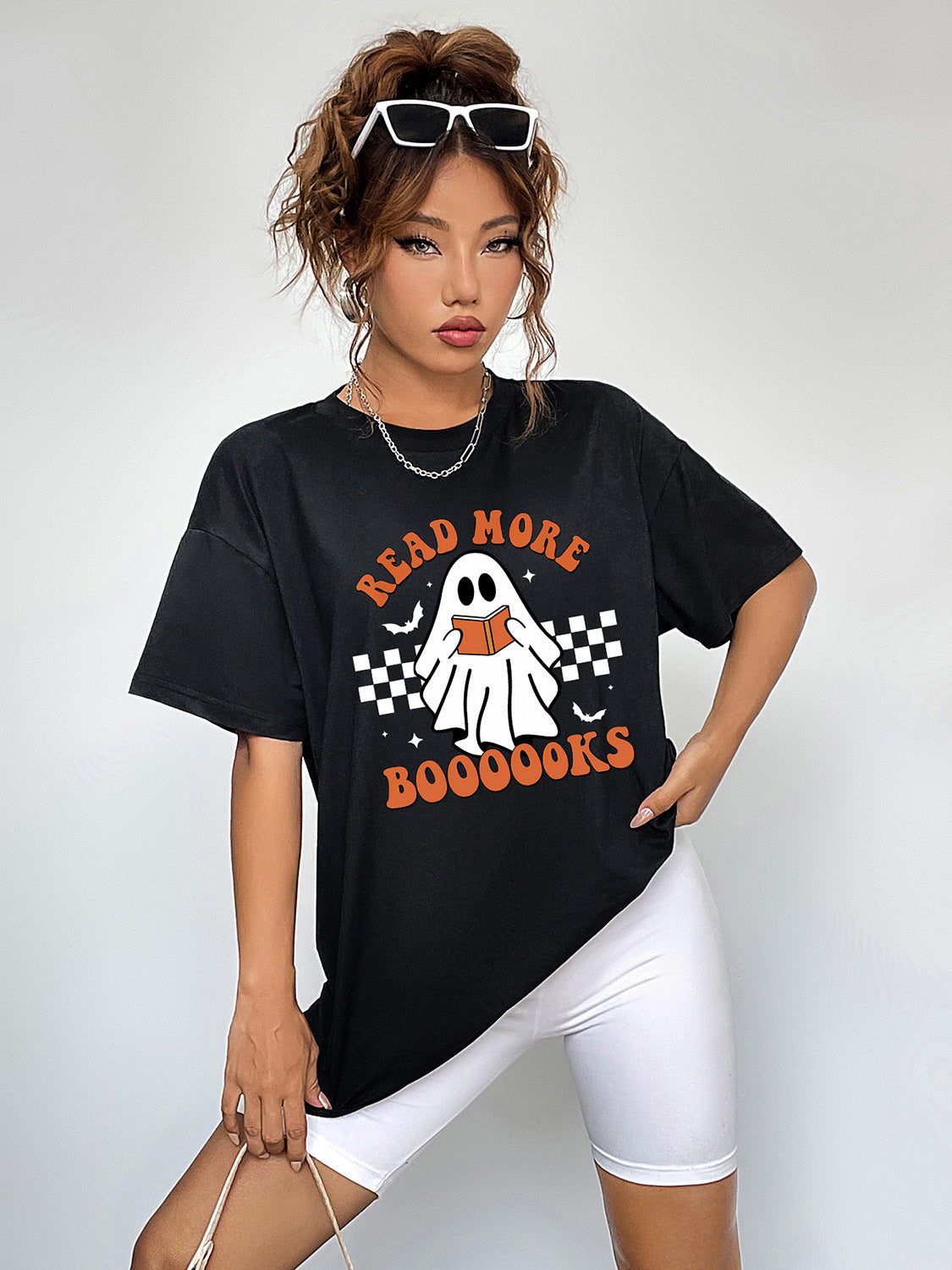 Women Read More Books Round Neck Short Sleeve Ghost Graphic T-Shirt NicholesGifts