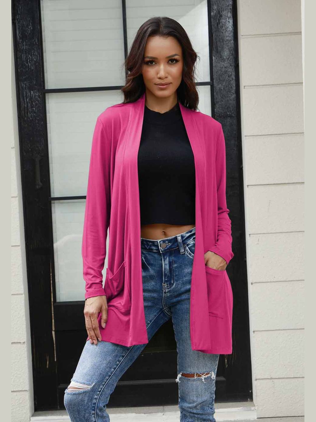 NicholesGifts Women Basic Bae Full Size Open Front Long Sleeve Cardigan with Pockets