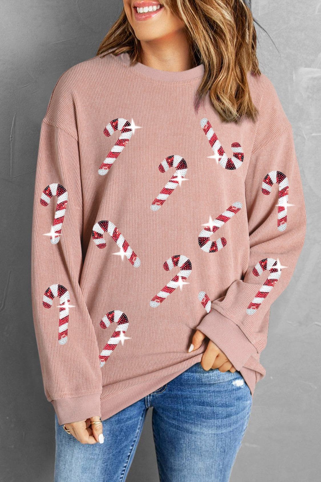NicholesGifts Women Sequin Candy Cane Round Neck Christmas Sweatshirt NicholesGifts