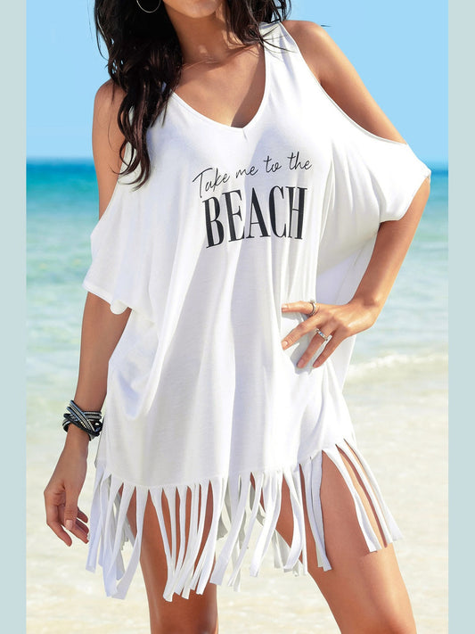Fringe V-Neck Cold Shoulder Cover Up
