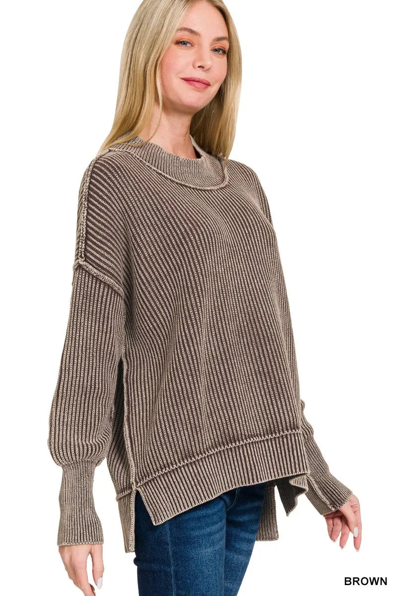 Zenana Washed Side Slit Oversized Sweater
