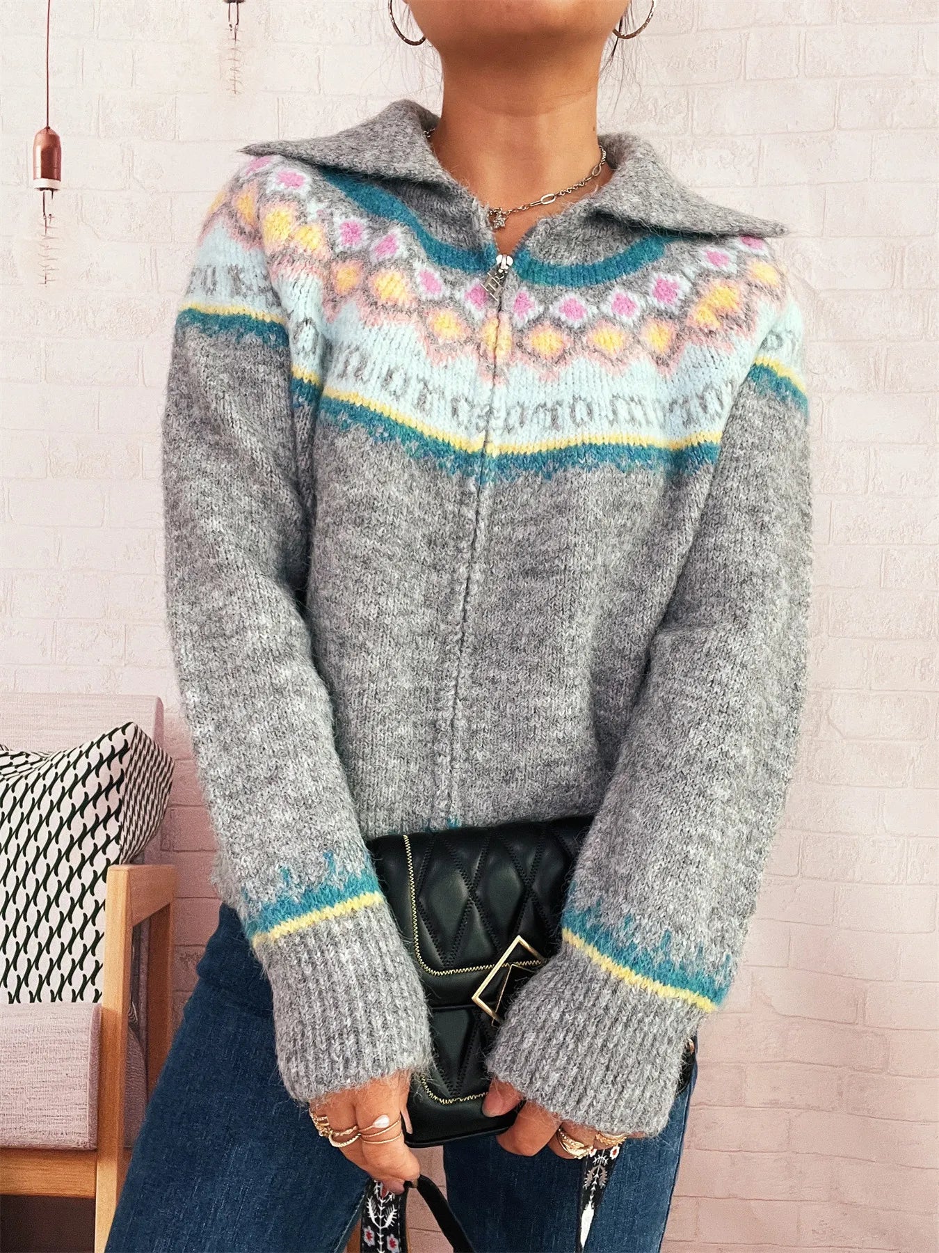 Fair Isle Pattern Zip-Up Cardigan