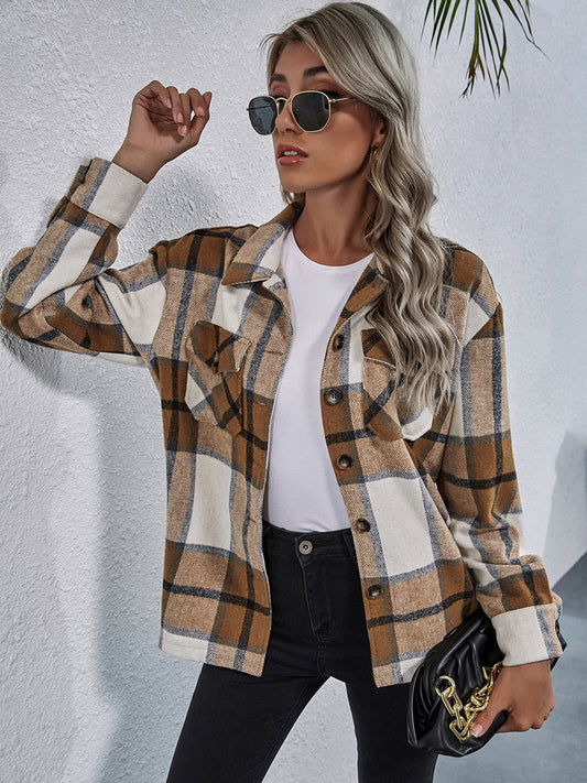 Plaid Button Down Collared Jacket nicholesgifts