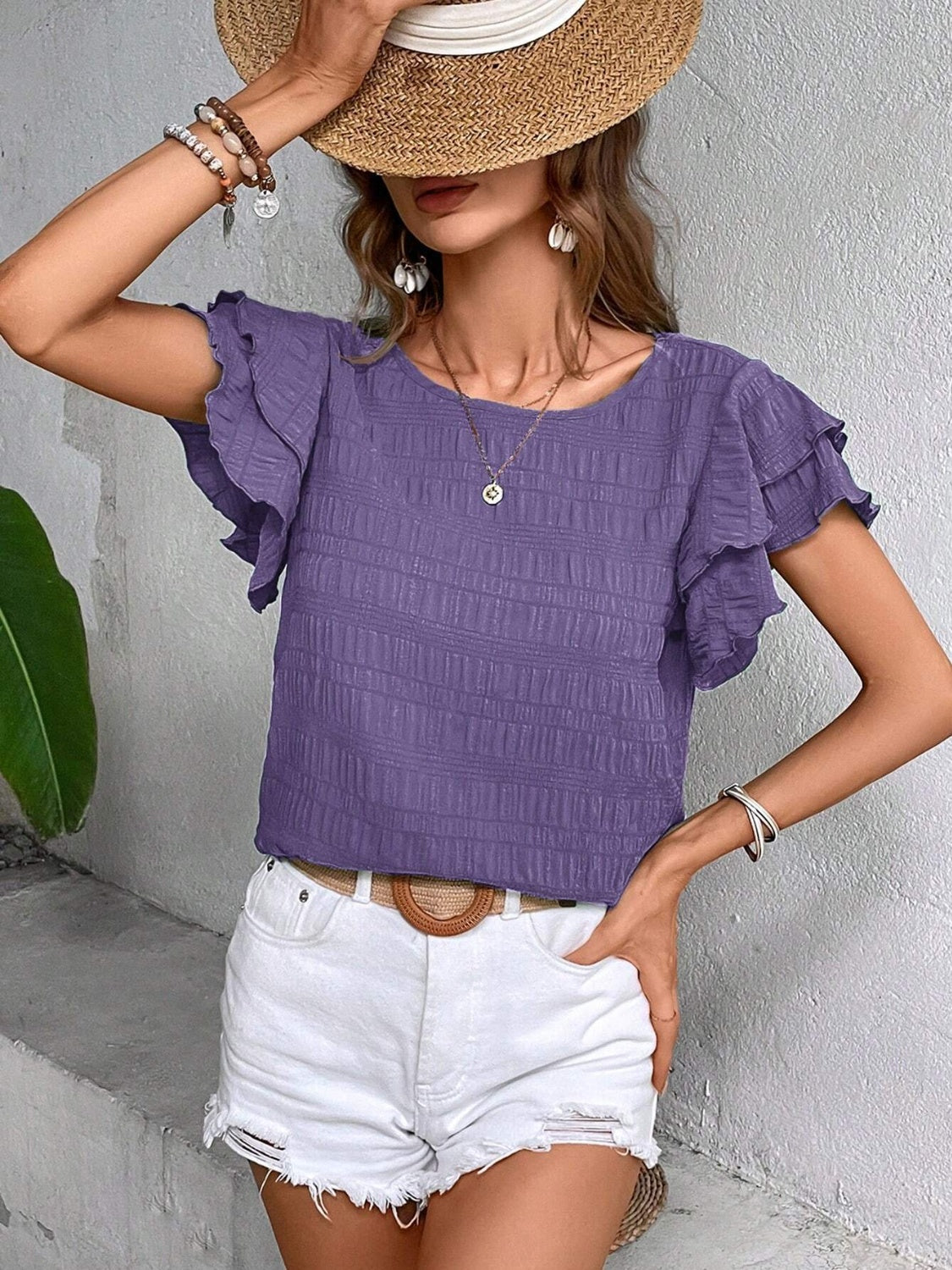 Women Round Neck Flounce Sleeve Blouse