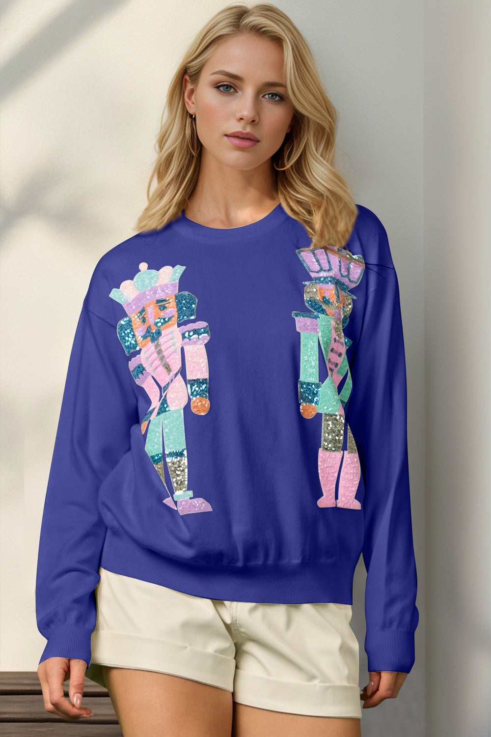 Double Take Full Size Sequin Nutcracker Long Sleeve Sweater NicholesGifts