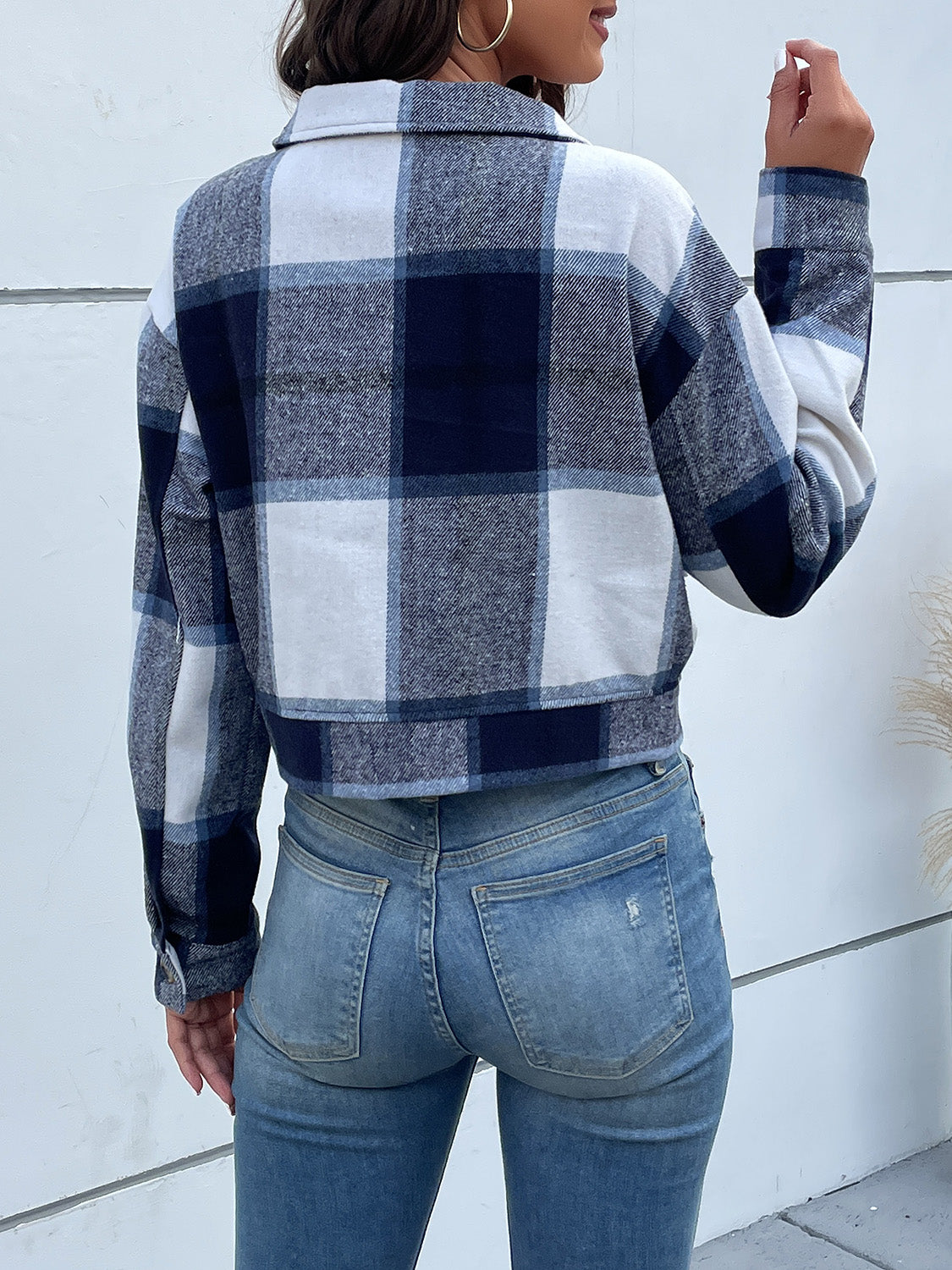 Perfee Plaid Button Up Drop Shoulder Cropped Jacket NicholesGifts