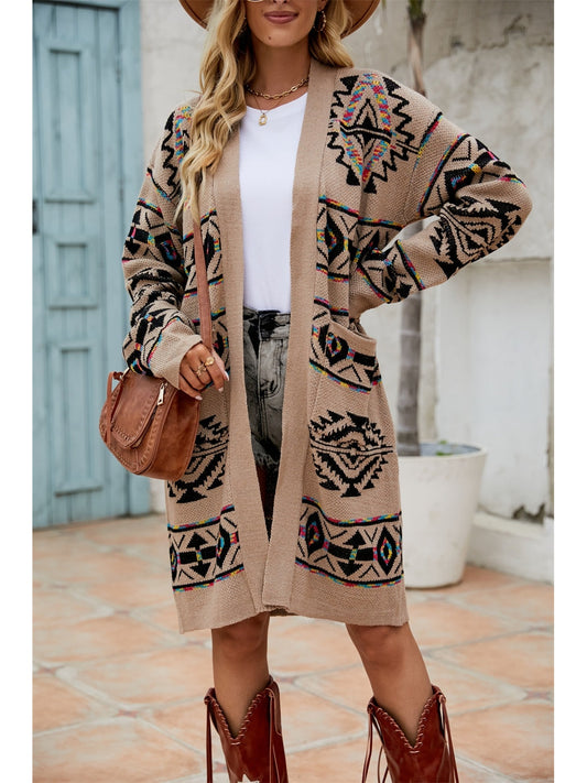 Women Pocketed Geometric Open Front Dropped Shoulder Cardigan
